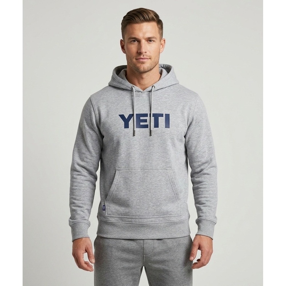 YETI Mens Logo Hoodie Heather Gray Navy Blue Fleece Pullover Sweatshirt Small